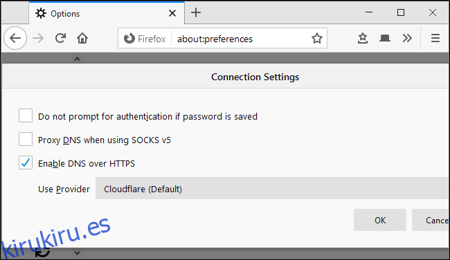 Habilitar DNS sobre HTTPS en la configuración de red de Mozilla Firefox.