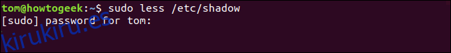 sudo menos / etc / shadow en una ventana de terminal