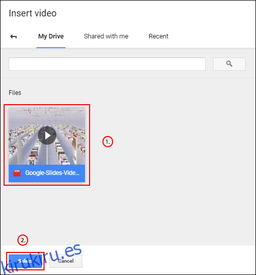 En la sección Google Drive del menú Insertar video de Google Slides, seleccione su video, luego haga clic en Seleccionar