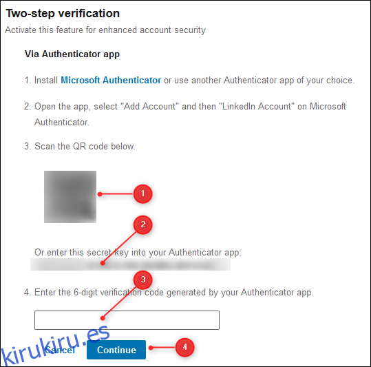 Instrucciones de LinkedIn para agregar la cuenta a una aplicación de autenticación.