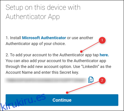 Instrucciones de LinkedIn para agregar la cuenta a una aplicación de autenticación.