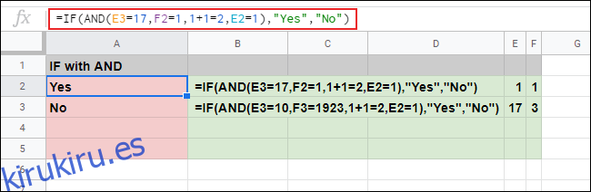 La función SI con una fórmula AND anidada que se utiliza para proporcionar varios argumentos en una hoja de cálculo de Google Sheets.