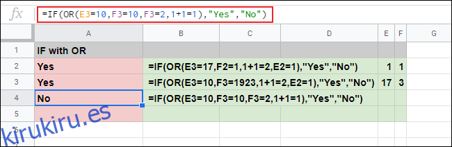 La función SI con una fórmula OR anidada que proporciona varios argumentos que dan como resultado respuestas VERDADERAS y FALSAS en una hoja de cálculo de Google Sheets.