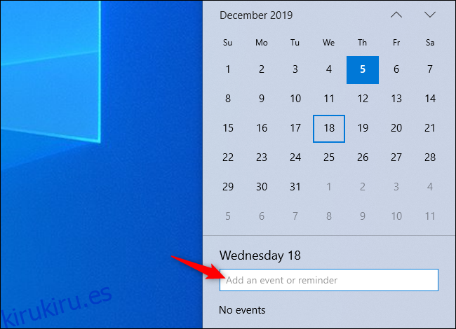 Agregar un evento a su calendario desde el panel del reloj de la barra de tareas de Windows 10.