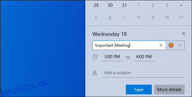 Editar los detalles de un evento mientras se agrega al panel de reloj de Windows 10.