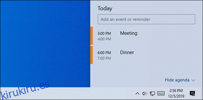 Eventos del calendario en la ventana emergente del calendario de Windows 10.