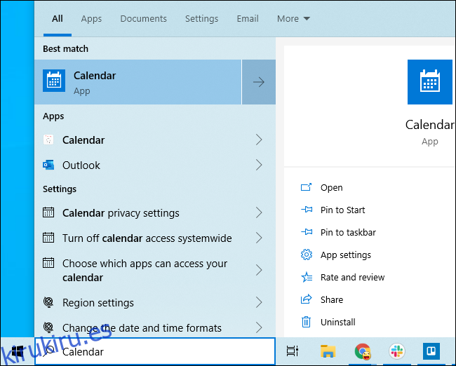 Iniciar la aplicación Calendario de Windows 10 desde el menú Inicio.