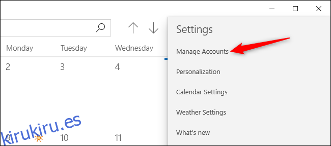 Administrar cuentas en la aplicación Calendario de Windows 10.