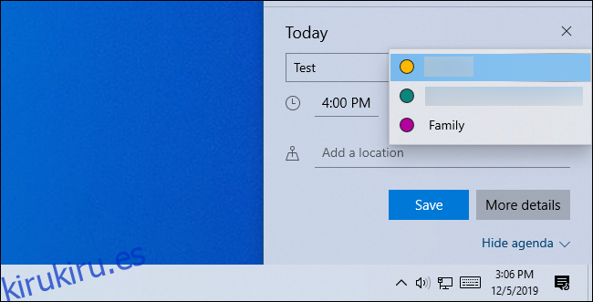 Elegir un calendario de Google para un evento en la ventana emergente del reloj de Windows 10.