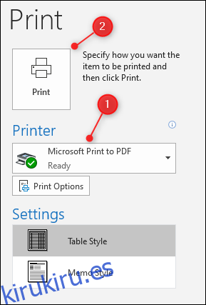 Opciones de impresión de Outlook, con la opción Impresora y el botón Imprimir resaltados.