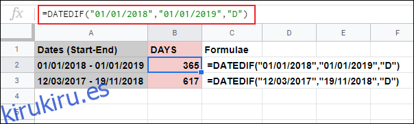 La función DATEDIF en Google Sheets, calcula el número de días entre dos fechas establecidas que se utilizan dentro de la fórmula