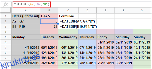 La función DATEDIF en Google Sheets, calcula el número de días entre dos fechas, usando dos referencias de celda individuales