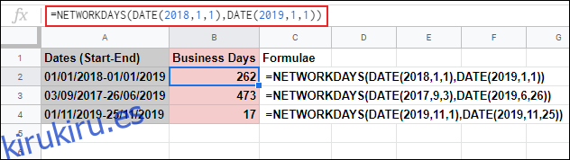 La función NETWORKDAYS en Google Sheets, calcula los días hábiles entre dos fechas e ignora el sábado y el domingo usando una fórmula DATE anidada