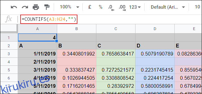 La función COUNTIFS utilizada en una hoja de cálculo de Google Sheets