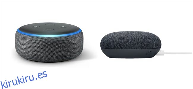 Un Echo de 3.ª generación con anillo de luz azul, junto a un Google Nest Mini con cable de alimentación blanco.