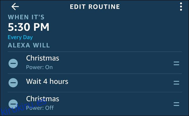El diálogo de rutina de Alexa con una secuencia de Navidad encendida, espera 4 horas, Navidad apagada.