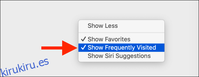 Desmarque la opción Mostrar sitios visitados con frecuencia en Mac