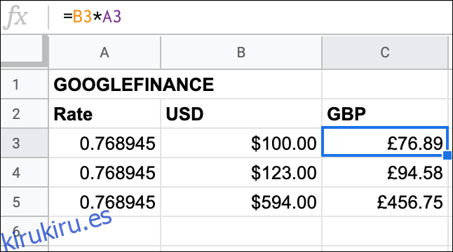 Varias conversiones de moneda de USD a GBP en Google Sheets mediante la función GOOGLEFINANCE