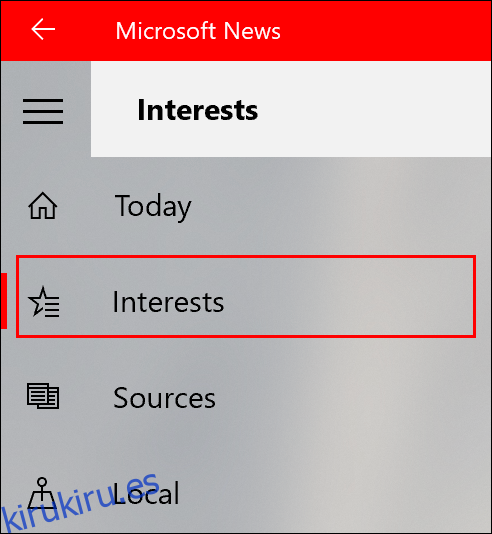 Para agregar o eliminar intereses en la aplicación Microsoft News, haga clic en la pestaña Intereses