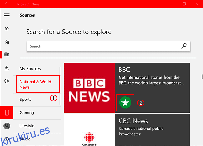 Para agregar o quitar una fuente de noticias en Microsoft News, haga clic en la pestaña de fuentes, luego seleccione su fuente de noticias, haga clic en el ícono de estrella para agregarla / quitarla