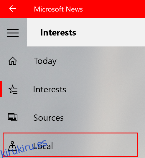Para agregar noticias locales a Microsoft News, haga clic en la pestaña Local en el menú de la izquierda