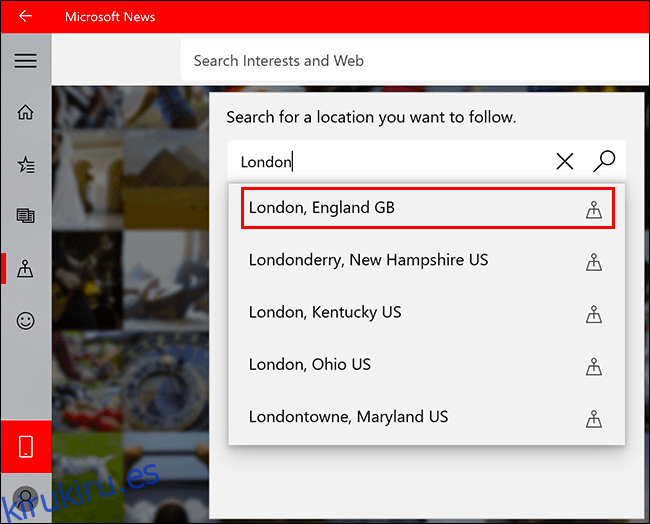 Para agregar una ubicación a Microsoft News, haga clic en cualquier lugar de la pestaña Local, escriba una ubicación y haga clic en ella para agregarla