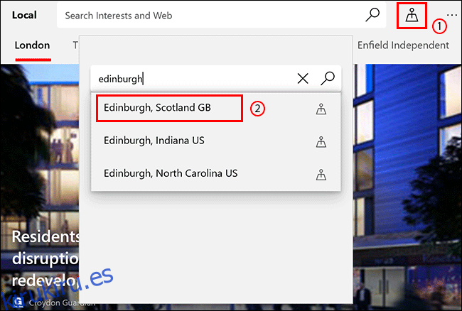 En la pestaña Local de Microsoft News, haga clic en el icono Ubicación, luego busque una ubicación y haga clic en ella