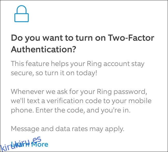 Ring App Lea sobre 2FA y luego haga clic en Activar el botón de dos factores