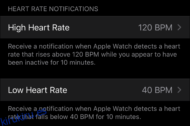 Notificaciones de frecuencia cardíaca alta y baja en Apple Watch