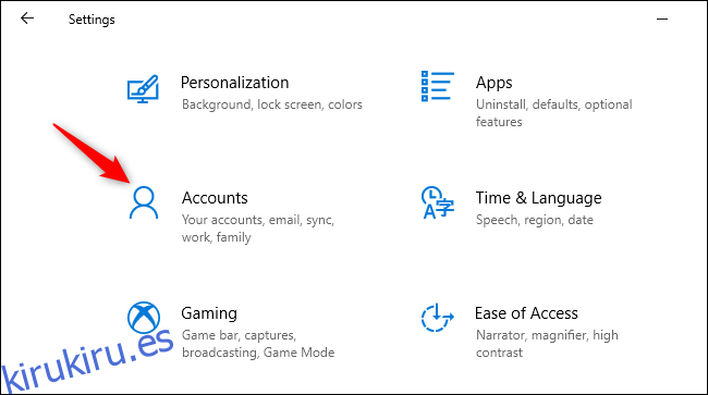 Abrir cuentas en la aplicación de configuración de Windows 10.