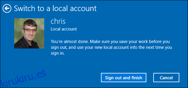 Cerrar sesión para convertir una cuenta de Microsoft en una cuenta local en Windows 10.
