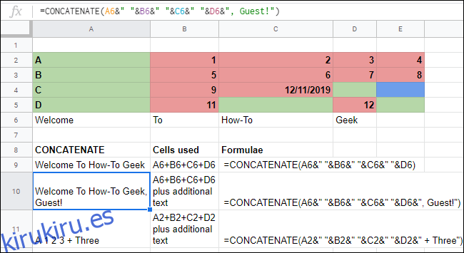 La función CONCATENAR con operadores complejos en una hoja de cálculo de Google Sheets.