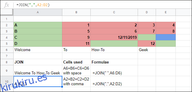 La función JOIN fusiona matrices de celdas en una hoja de cálculo de Google Sheets.