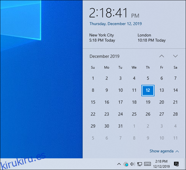 Panel de reloj de Windows 10 que muestra la hora en tres zonas horarias.