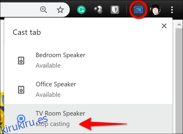 Haz clic en el botón azul para transmitir y luego haz clic en tu dispositivo Google Home.
