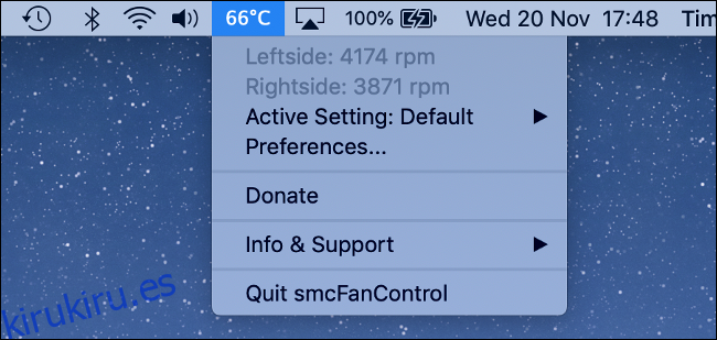 La aplicación smcFanControl que muestra una temperatura de 66 grados Celsius en una Mac. 