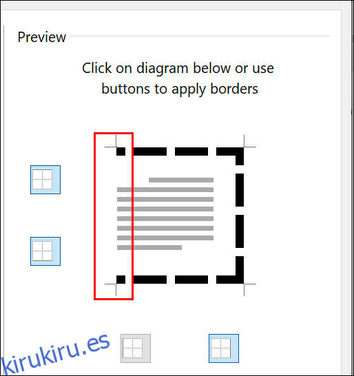 En la configuración del borde de la página de Microsoft Word, haga clic en las líneas de borde individuales en las secciones Vista previa para agregar / eliminar cada línea