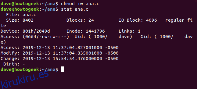 chnod + w ana.c en una ventana de terminal