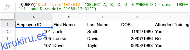 La función CONSULTA en Hojas de cálculo de Google que muestra una función CONSULTA utilizando operadores de comparación para buscar valores entre dos fechas.