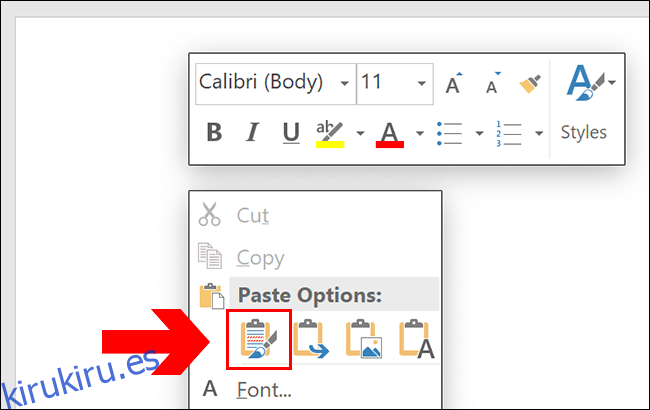 Para pegar en Word, presione Ctrl + V o haga clic con el botón derecho en su página, haciendo clic en una de las opciones de pegado.
