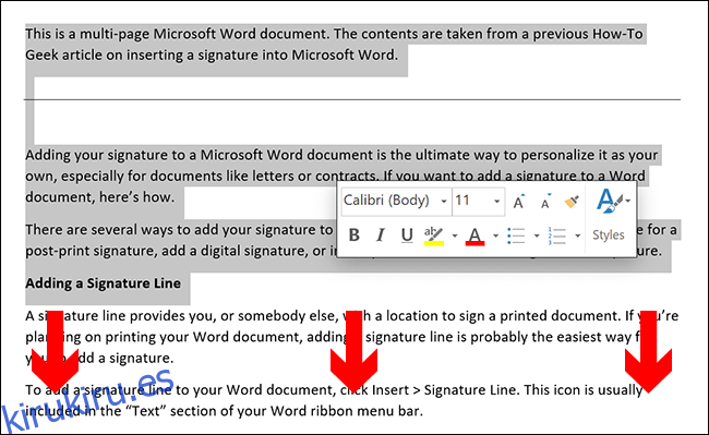 Para seleccionar manualmente el contenido de una página de Microsoft Word, coloque el cursor del documento al principio de la página y luego arrastre hacia abajo hacia la parte inferior