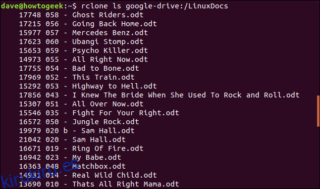 rclone ls google-drive: / LinuxDocs en una ventana de terminal