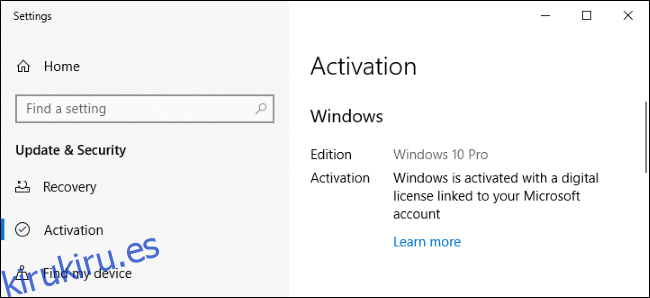 La pantalla de configuración de Windows 10 muestra que está activado con una licencia digital.
