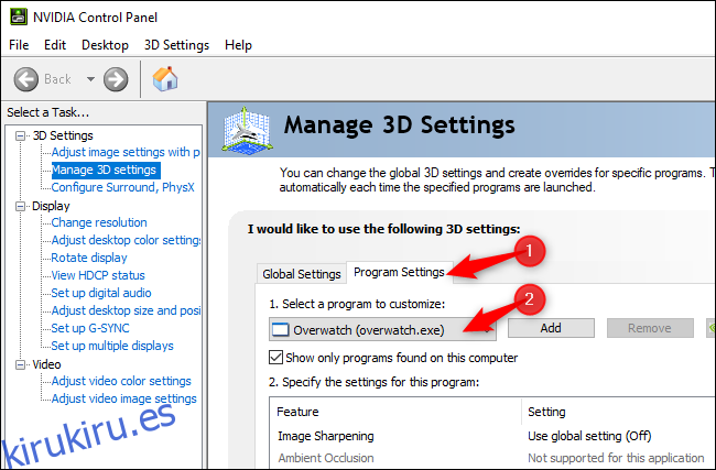 Administrar la configuración 3D para un juego individual en el Panel de control de NVIDIA.