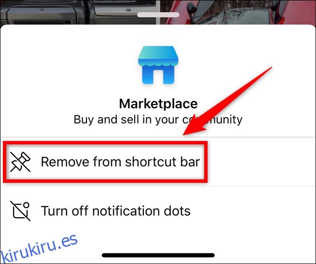 Aplicación de Facebook para iPhone de Apple Seleccione Eliminar de la barra de accesos directos