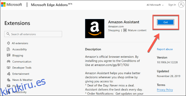 Haga clic en Obtener para instalar una extensión de Microsoft Edge desde Microsoft Store