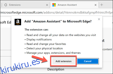 Haga clic en Agregar extensión para permitir que se instale una extensión en Microsoft Edge