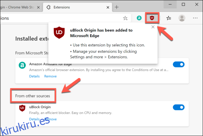 Extensiones de Google Chrome instaladas en Microsoft Edge, enumeradas en la página Extensiones