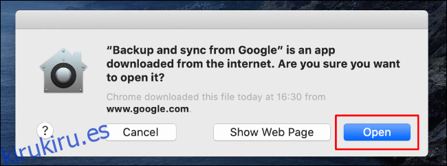 Haga clic en Abrir para permitir que Copia de seguridad y sincronización de Google Drive se inicie en su Mac