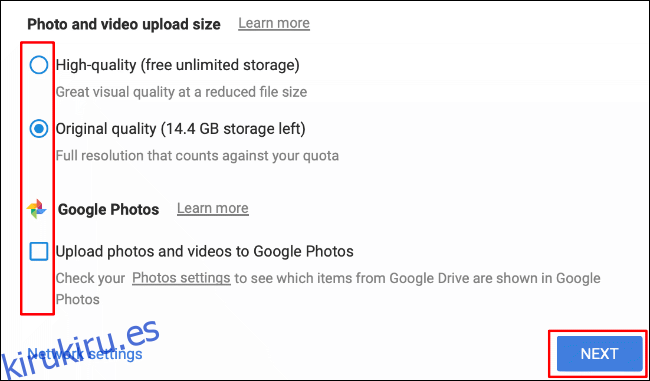 Elija el tamaño de carga de su foto y video y si desea cargarlo en Google Photos, luego haga clic en Siguiente